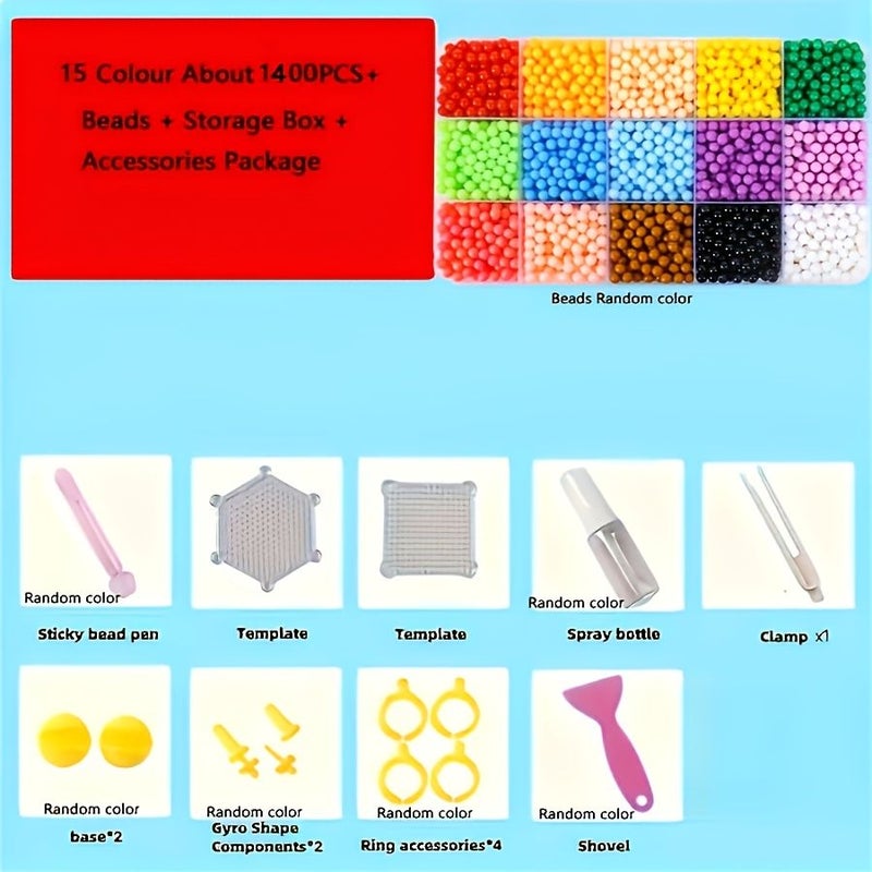1400 Pieces Per Box 15 Color Water Sticky Beads Set 5mm Fuse Beads Kit With Storage Box And Tools Creative Refill Art Crafts No Glue - Image 1