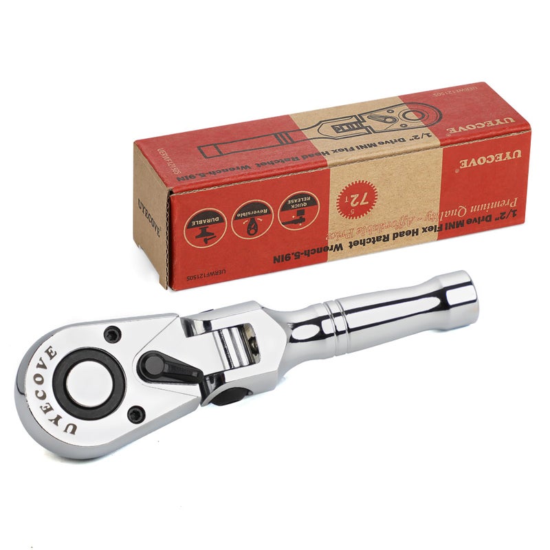 UYECOVE 12 Inch Drive Stubby Ratchet Flex Head Ratchet 12 Ratchet Ratchet Wrench Small Socket Wrench 72 Tooth Quick Release Swivel Head Ratchet CrMo Flexible Ratchet Handle 59150mm