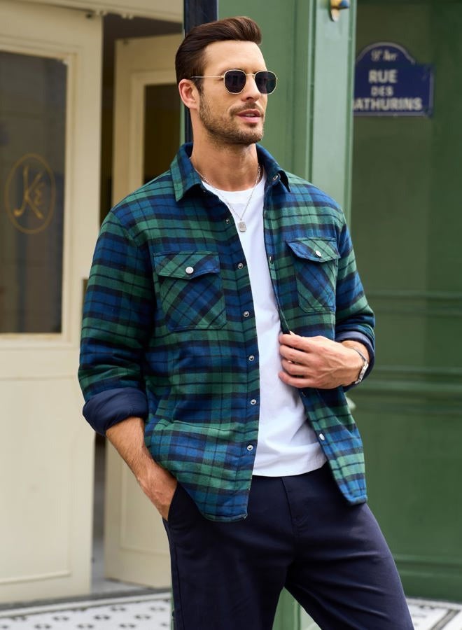 MAGCOMSEN Men's Flannel Shirt Jacket with Quilted Lined Long Sleeve Plaid Coat Button Down Thick Outwear Winter, Green, Large - Image 3