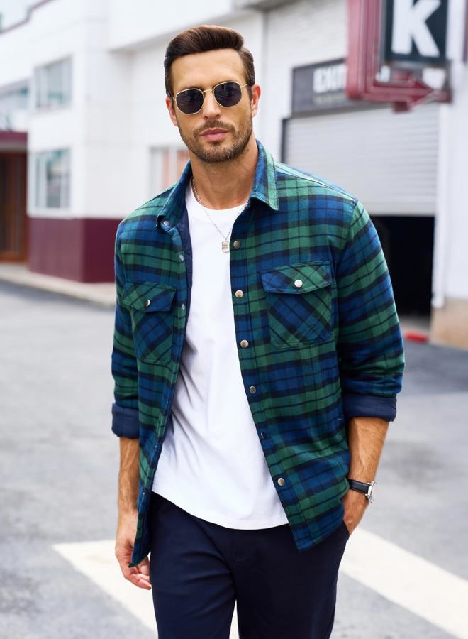 MAGCOMSEN Men's Flannel Shirt Jacket with Quilted Lined Long Sleeve Plaid Coat Button Down Thick Outwear Winter, Green, Large - Image 2