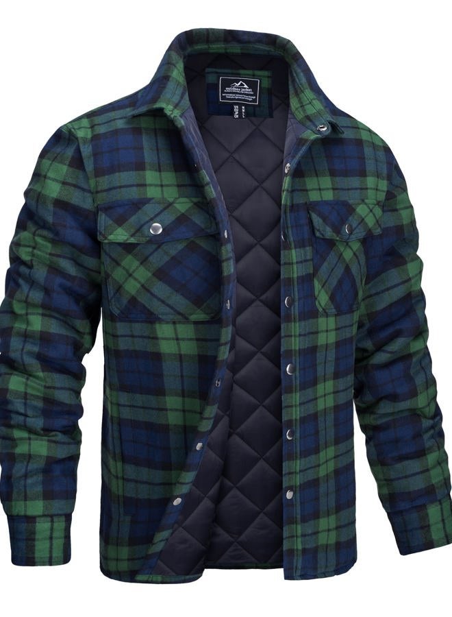 MAGCOMSEN Men's Flannel Shirt Jacket with Quilted Lined Long Sleeve Plaid Coat Button Down Thick Outwear Winter, Green, Large - Image 1