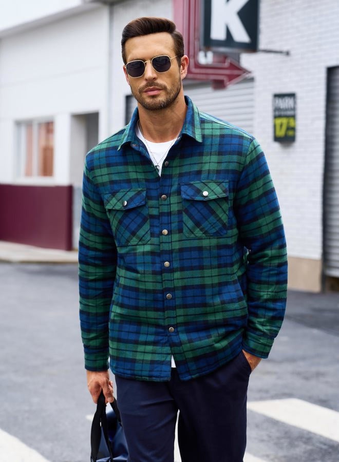 MAGCOMSEN Men's Flannel Shirt Jacket with Quilted Lined Long Sleeve Plaid Coat Button Down Thick Outwear Winter, Green, Large - Image 4