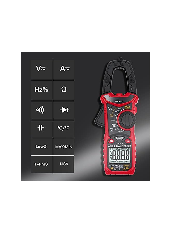 promass AC/DC Digital Clamp Meter T-RMS 6000 Counts, Multimeter Voltage Tester Auto-ranging, NCV AC DC Current Voltage Resistance Capacitance Frequency Diode Temperature Measure Tester HT206D - Image 3