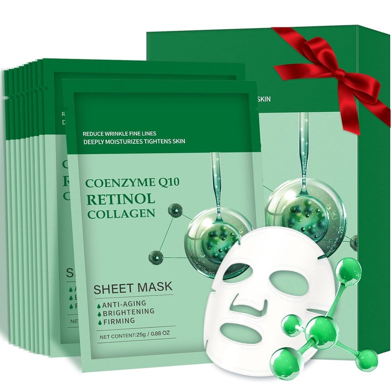 Pack of 10 Collagen Face Mask Face Masks Skincare with Coenzyme Q10 Retinol Anti Aging Facial Masks Skin Care Hydrating Face Beauty Care Masks for Deep Repairing and Moisturizing Anti Wrinkles