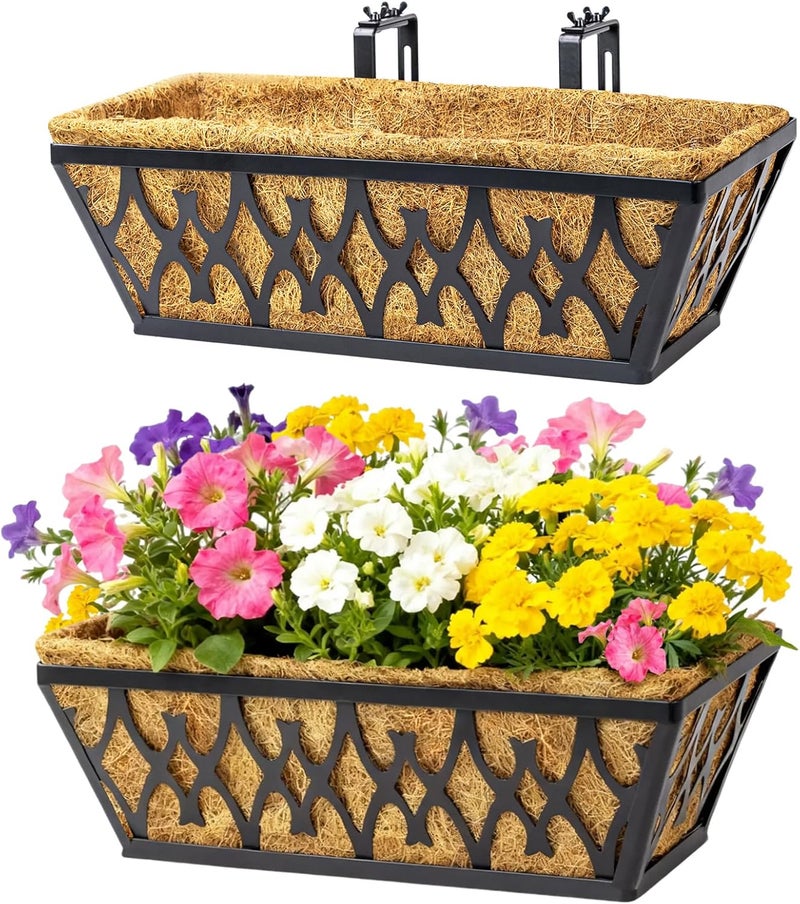 Karlliu 2 Pack 16 Inch Window Boxes Planters Railing Planter Box with Adjustable Brackets for Porch Fence Patio Balcony Hanging Flower Baskets with Coco Liners for Outdoor Garden Decor - Black - Image 1