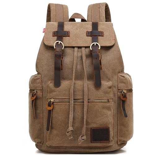 HuaChen Vintage Canvas Backpack with Leather Accents, Casual Daypack Travel Rucksack for Men Women,School College Hiking Camping - M32 Brown - Image 1