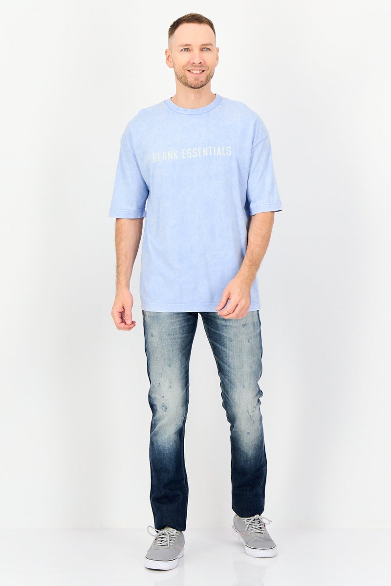 Blank Essentials Men Crew Neck Short Sleeve Brand Logo T-Shirt, Blue - Image 3