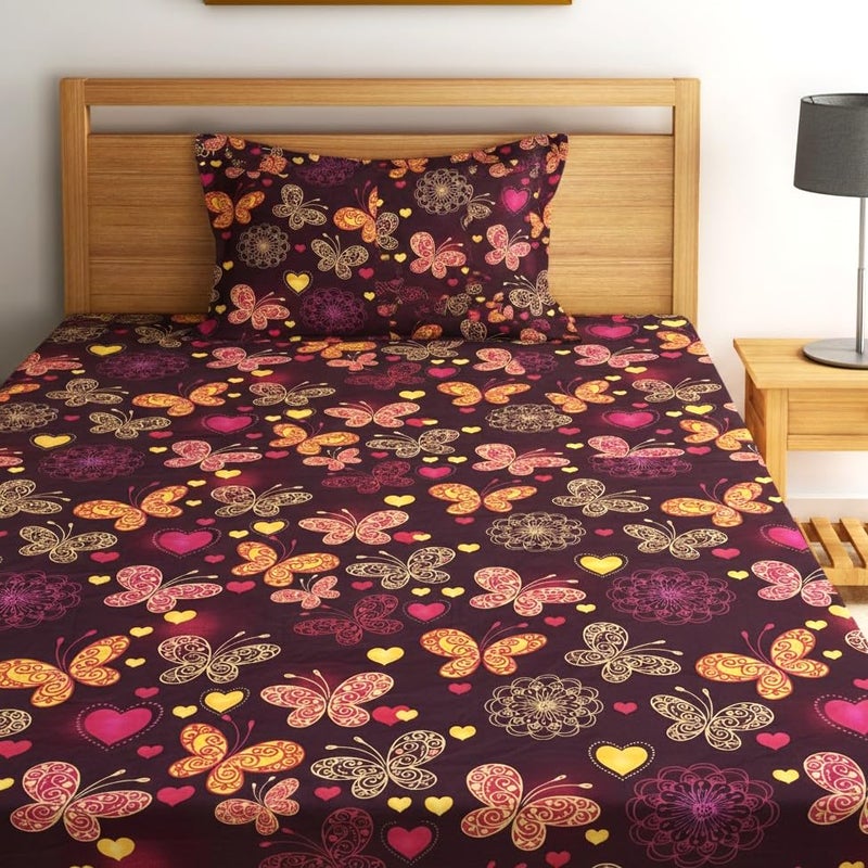 Fashion String Microfibre 144TC Maroon Butterfly & Heart Print Single Bedsheet with 1 Pillow Cover - Image 2