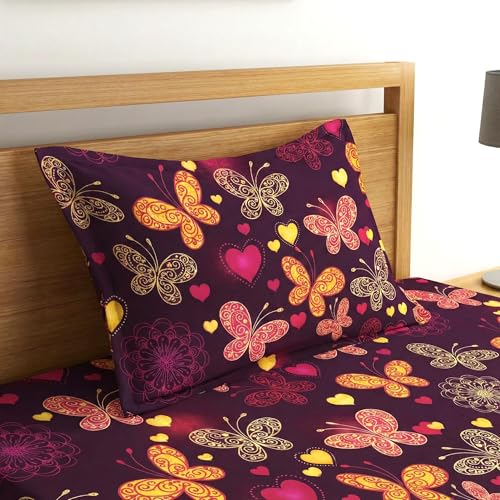Fashion String Microfibre 144TC Maroon Butterfly & Heart Print Single Bedsheet with 1 Pillow Cover - Image 3