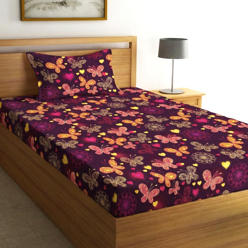 Fashion String Microfibre 144TC Maroon Butterfly & Heart Print Single Bedsheet with 1 Pillow Cover - Image 4