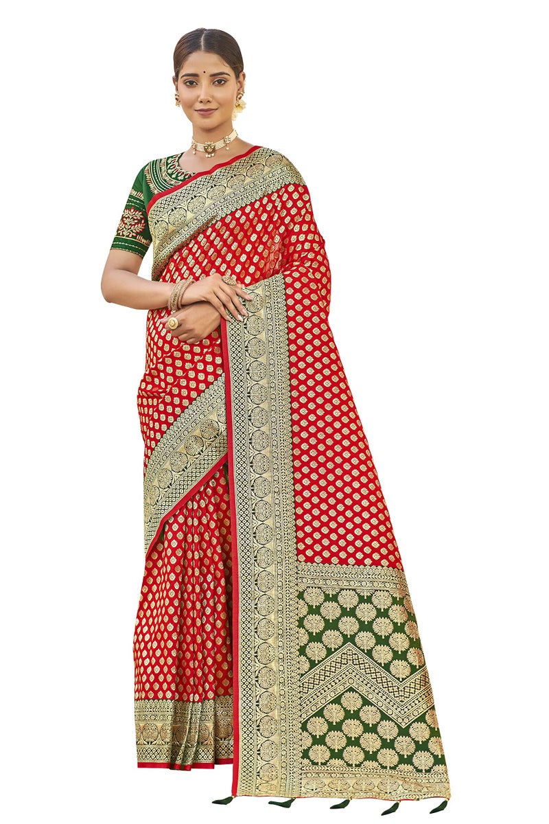 MANOHARI Adorable Woven Pattern Banarasi Silk Saree For Women With Blouse Piece_MN1742, Red - Image 1