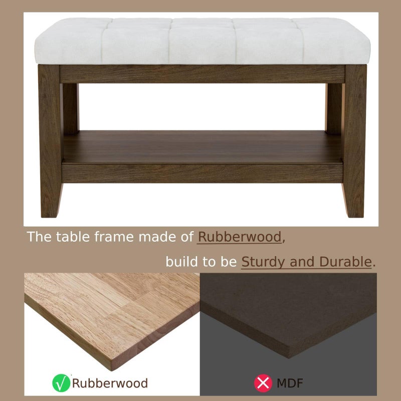 ABHENG Solid Rubber Wood Shoe Bench, Soft Chenille Material Upholstered Seat, 770LB Load Capacity, Multi-Storage for Entryway/Bedroom/Living Room, Vintage Style, 31.5"x15.7"x17.7", White,UASND66W - Image 3