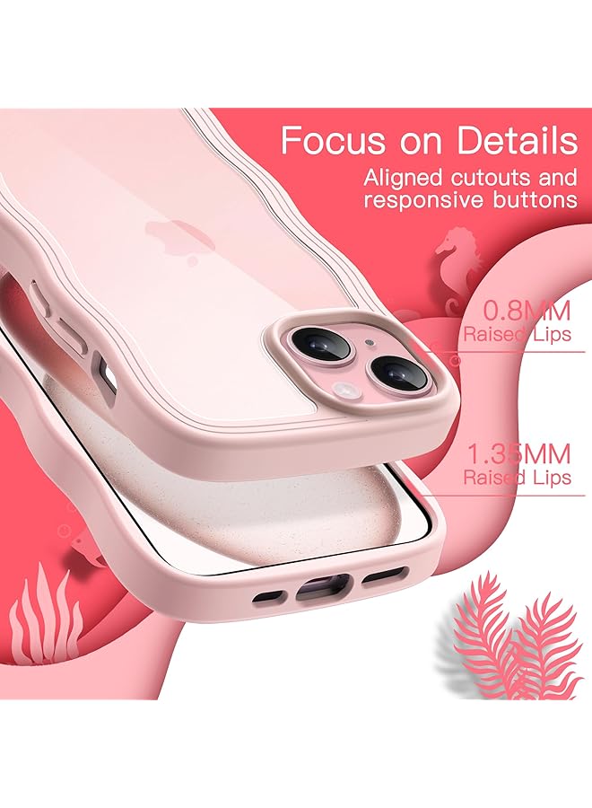 جي تيك جراب لهاتف iPhone 15 مقاس 6.1 بوصة بإطار مموج على شكل مجعد وغطاء هاتف مضاد للصدمات للنساء والفتيات مع ظهر شفاف صلب من مادة البولي كربونات باللون الوردي - Image 5