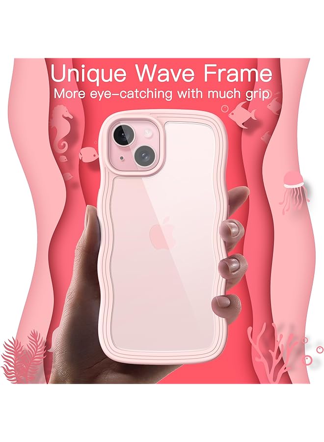 جي تيك جراب لهاتف iPhone 15 مقاس 6.1 بوصة بإطار مموج على شكل مجعد وغطاء هاتف مضاد للصدمات للنساء والفتيات مع ظهر شفاف صلب من مادة البولي كربونات باللون الوردي - Image 3