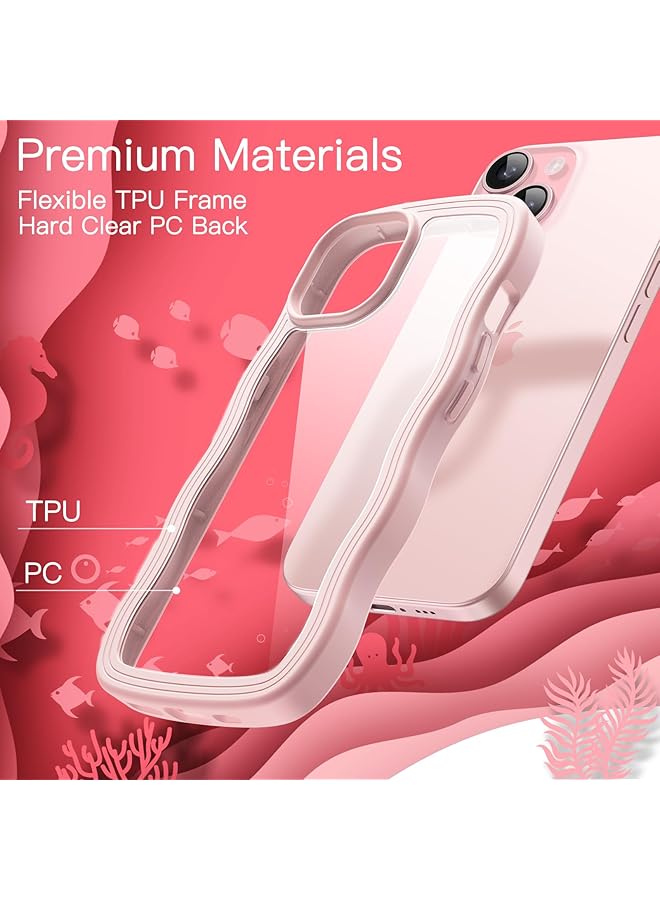 جي تيك جراب لهاتف iPhone 15 مقاس 6.1 بوصة بإطار مموج على شكل مجعد وغطاء هاتف مضاد للصدمات للنساء والفتيات مع ظهر شفاف صلب من مادة البولي كربونات باللون الوردي - Image 4