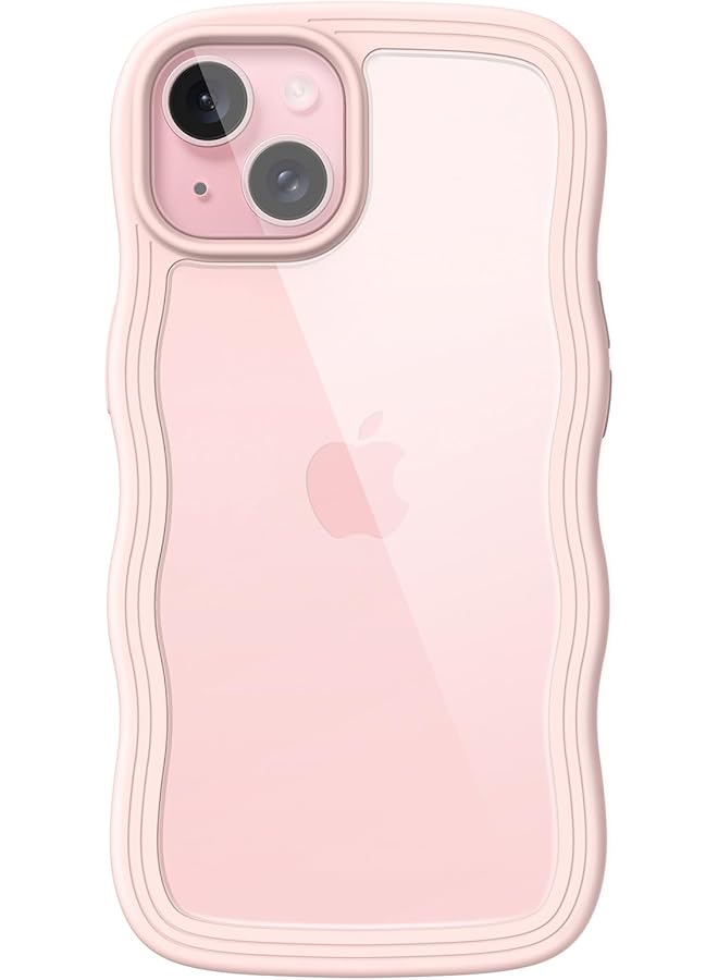 جي تيك جراب لهاتف iPhone 15 مقاس 6.1 بوصة بإطار مموج على شكل مجعد وغطاء هاتف مضاد للصدمات للنساء والفتيات مع ظهر شفاف صلب من مادة البولي كربونات باللون الوردي - Image 1
