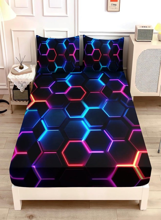 UEVBF Hexagon Geometric Honeycomb Bedding Fitted Sheet Sets,Blue Neon Gamer Fitted Sheet Sets for Kids Room Decor,Twin Size Bedding Sets for Boys,1 Fitted Sheet+2 Pillowcases. - Image 3