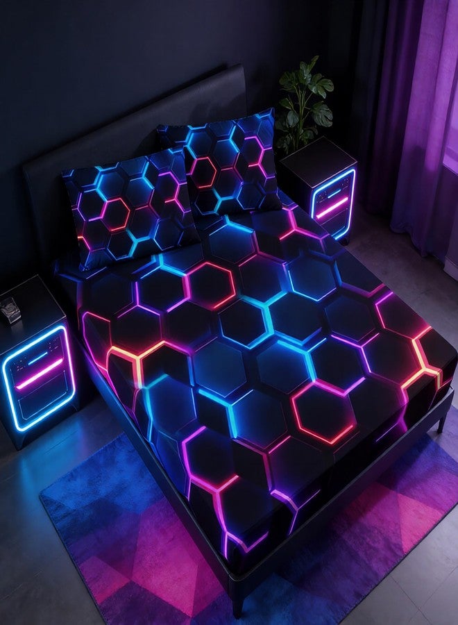 UEVBF Hexagon Geometric Honeycomb Bedding Fitted Sheet Sets,Blue Neon Gamer Fitted Sheet Sets for Kids Room Decor,Twin Size Bedding Sets for Boys,1 Fitted Sheet+2 Pillowcases. - Image 1
