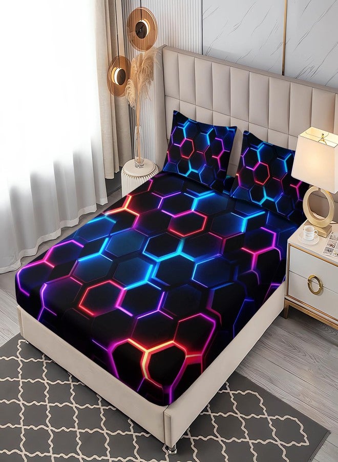 UEVBF Hexagon Geometric Honeycomb Bedding Fitted Sheet Sets,Blue Neon Gamer Fitted Sheet Sets for Kids Room Decor,Twin Size Bedding Sets for Boys,1 Fitted Sheet+2 Pillowcases. - Image 2