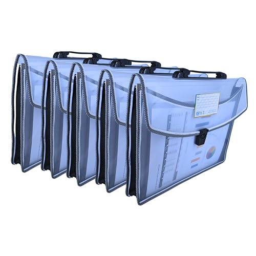 SPS File Folder with Carrying Handle, Transparent Poly-Plastic A4/Foolscap Documents File Storage Bag with Buckle Closure, Set of 5 (Black - with Carrying Handle) - Image 1