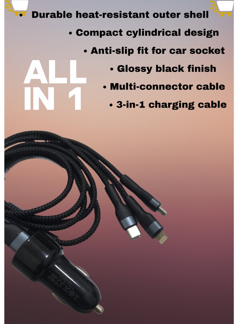 Car charger heavy duty original 60 watt ,Super Fast Charging with 3 foot Long 3-in-1 Cable for Type C Micro-USB and iPhone iPad Android and Apple support - Image 2