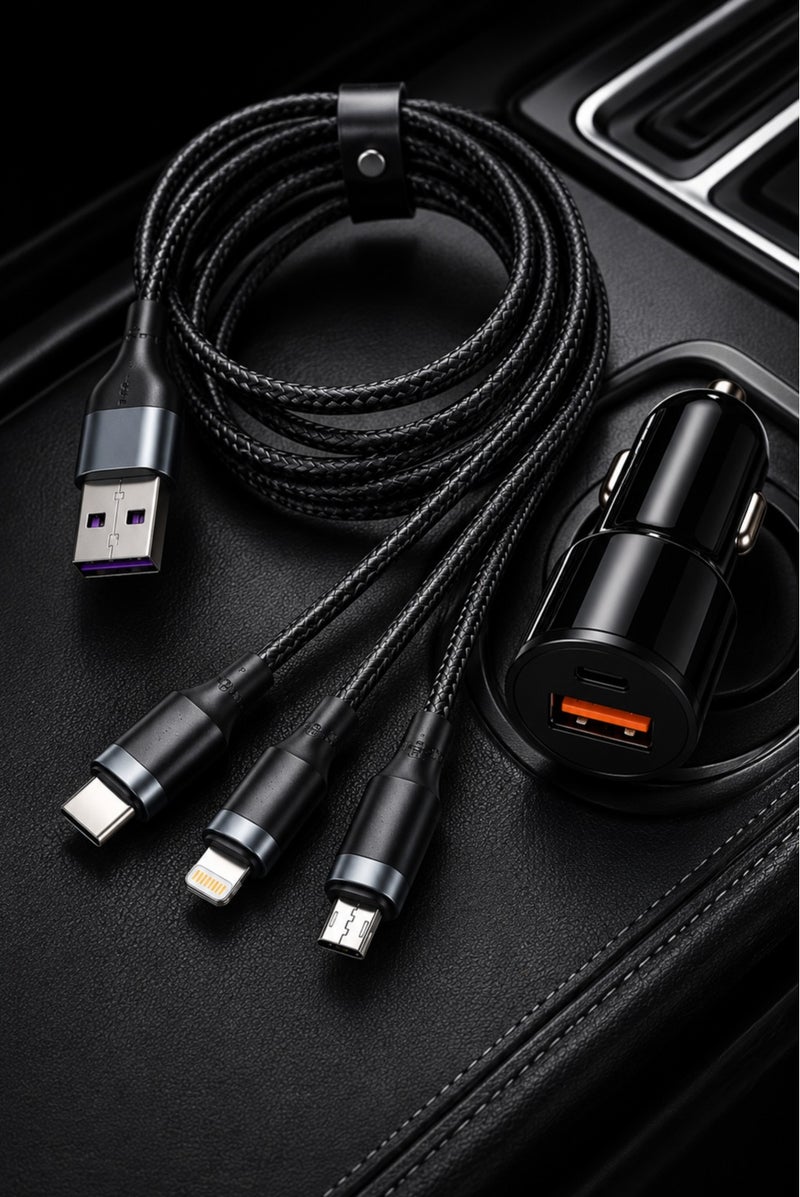 شاحن سيارة 80 واط للشحن السريع، كابل شحن مدمج 3 في 1، محول شاحن سيارة USB، يدعم Type-C وLightning وMicro USB، تقنية Smart Charge 3.0، شاحن سيارة عالمي لأجهزة أندرويد وآيفون والأجهزة اللوحية - Image 3