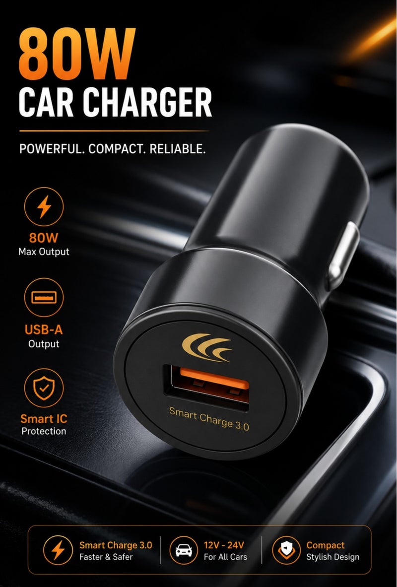 شاحن سيارة 80 واط للشحن السريع، كابل شحن مدمج 3 في 1، محول شاحن سيارة USB، يدعم Type-C وLightning وMicro USB، تقنية Smart Charge 3.0، شاحن سيارة عالمي لأجهزة أندرويد وآيفون والأجهزة اللوحية - Image 2