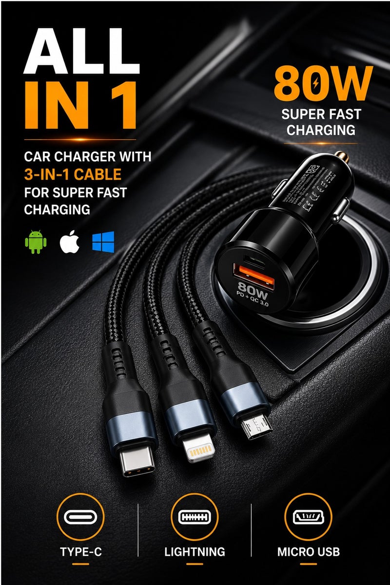 شاحن سيارة 80 واط للشحن السريع، كابل شحن مدمج 3 في 1، محول شاحن سيارة USB، يدعم Type-C وLightning وMicro USB، تقنية Smart Charge 3.0، شاحن سيارة عالمي لأجهزة أندرويد وآيفون والأجهزة اللوحية - Image 4