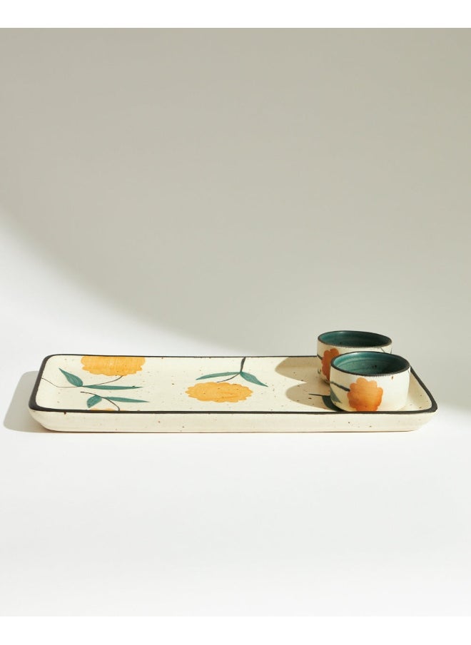 Chumbak - Marigold Chip & Dip Platter, Handpainted Stoneware - Image 1