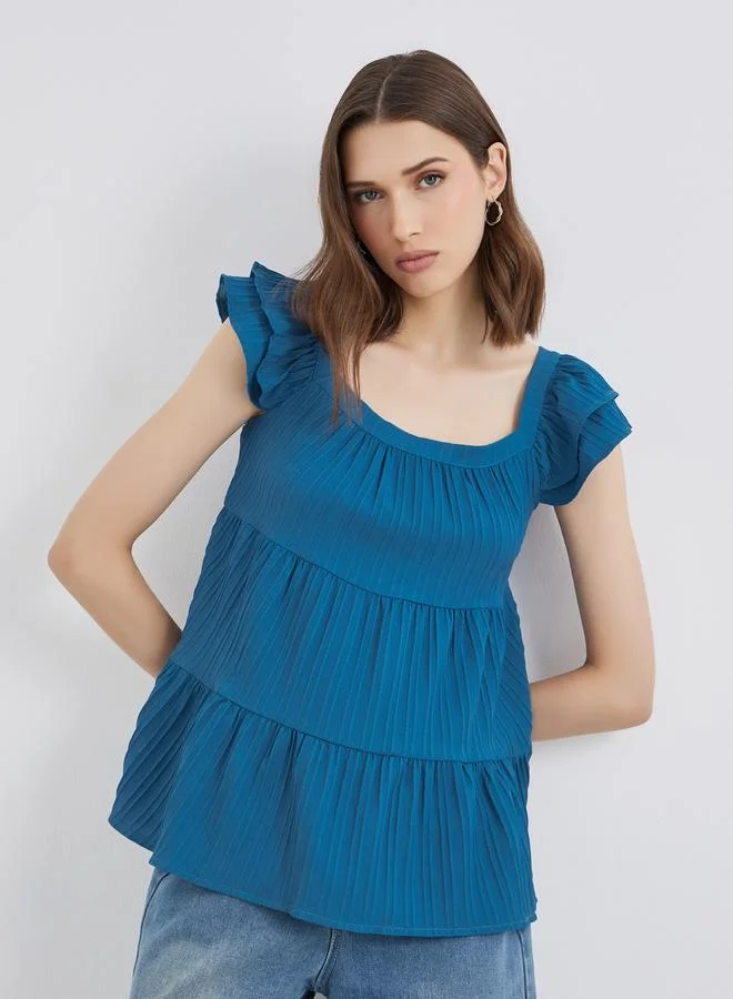 تايك تو Take Two Texture Ruffled Sleeve Square Neck Top