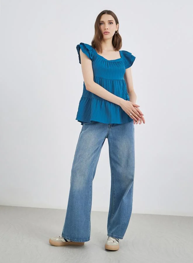تايك تو Take Two Texture Ruffled Sleeve Square Neck Top