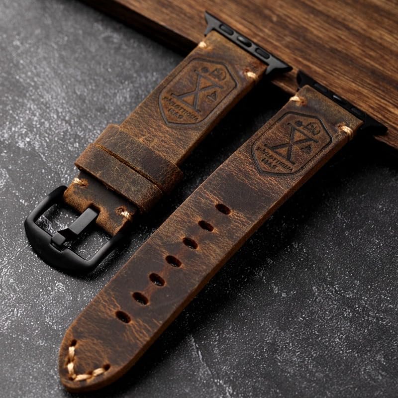 KONAFEI Band Compatible with Apple Watch Ultra 2/1 49mm 46mm 45mm 44mm 42mm 41mm 40mm 38mm Series 10/9/8/SE/7/6/5/4/3/2, Vintage Leather iWatch Strap for Men Women (42/44/45/49mm, Brown-Black Hardware) - Image 1