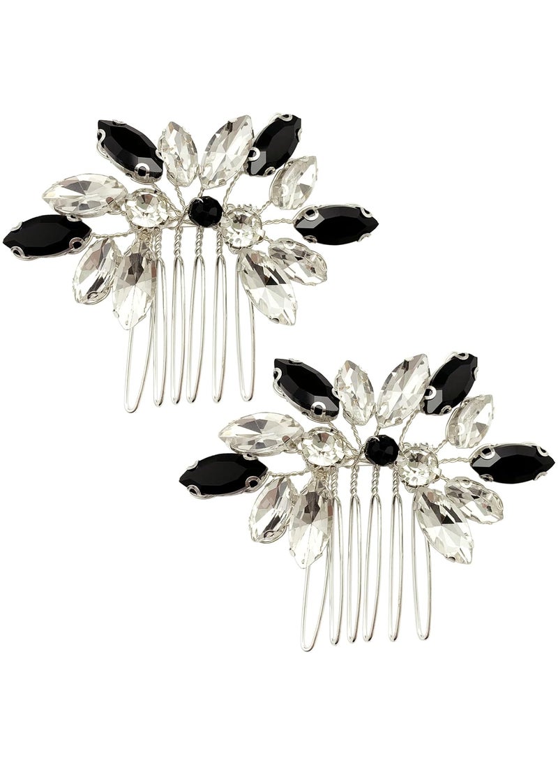 BETITETO - BETITETO Small Crystal Hair Accessories 2 Pieces Black White Rhinestone Silver Hair Comb Pins Pieces for Wedding Party - Image 1