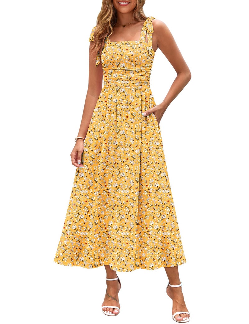 Zattcas Spring Summer Petite Maxi Dresses for Women 2026 Spaghetti Strap A Line Long Floral Sun Dress Cruise Outfits Beach Vacation Essentials Pastel Wedding Guest Dress Yellow M - Image 1