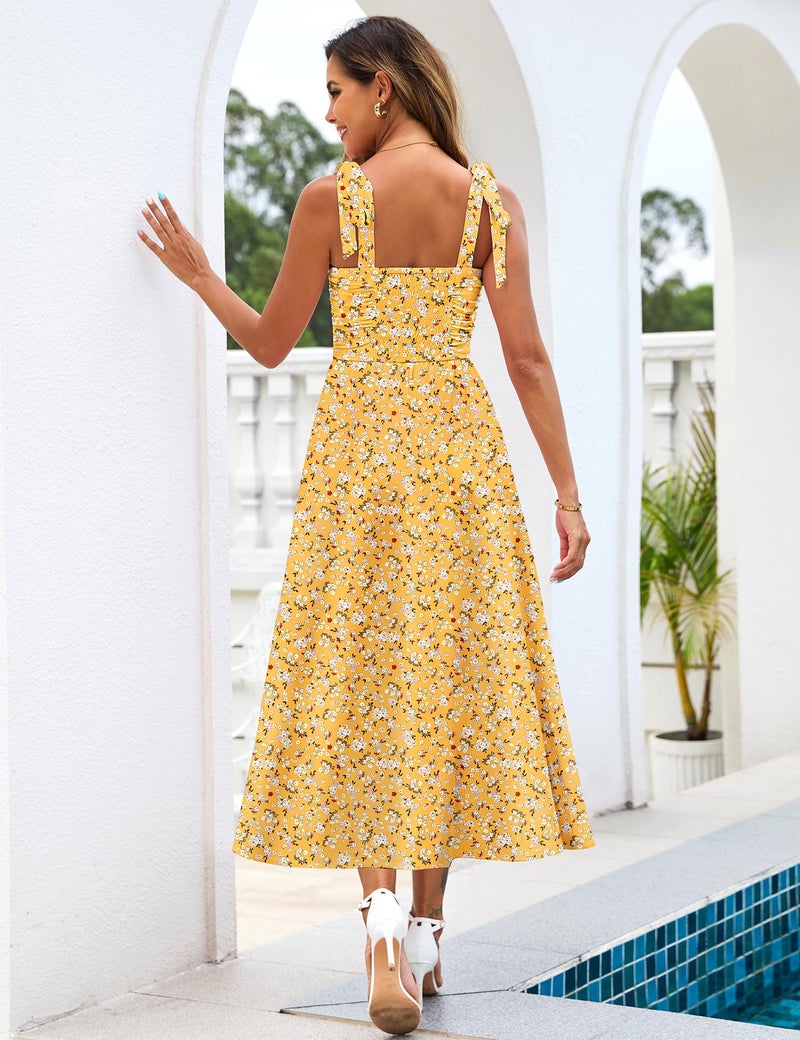 Zattcas Spring Summer Petite Maxi Dresses for Women 2026 Spaghetti Strap A Line Long Floral Sun Dress Cruise Outfits Beach Vacation Essentials Pastel Wedding Guest Dress Yellow M - Image 4