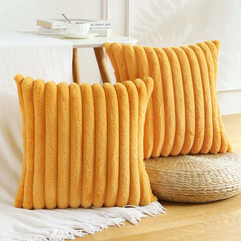 Soleebee Set of 2 Throw Pillow Covers Soft Cozy Velvet Pillowcase Faux Rabbit Fur Cover for Couch Sofa Bed Chair Home Decorative Pillows Cover (22x22 Inch  Mustard Yellow) - Image 1