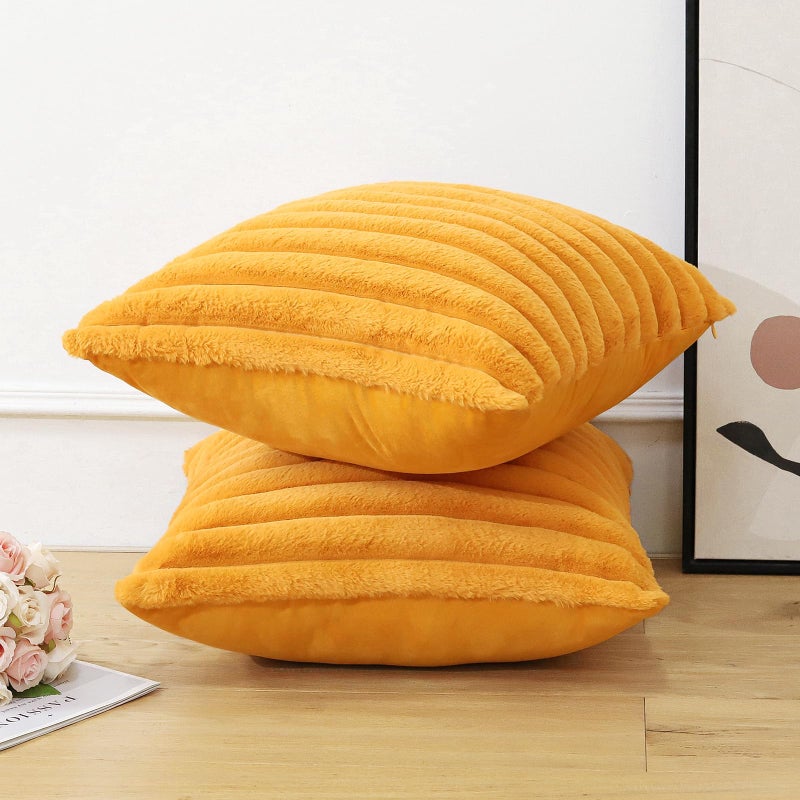 Soleebee Set of 2 Throw Pillow Covers Soft Cozy Velvet Pillowcase Faux Rabbit Fur Cover for Couch Sofa Bed Chair Home Decorative Pillows Cover (22x22 Inch  Mustard Yellow) - Image 4