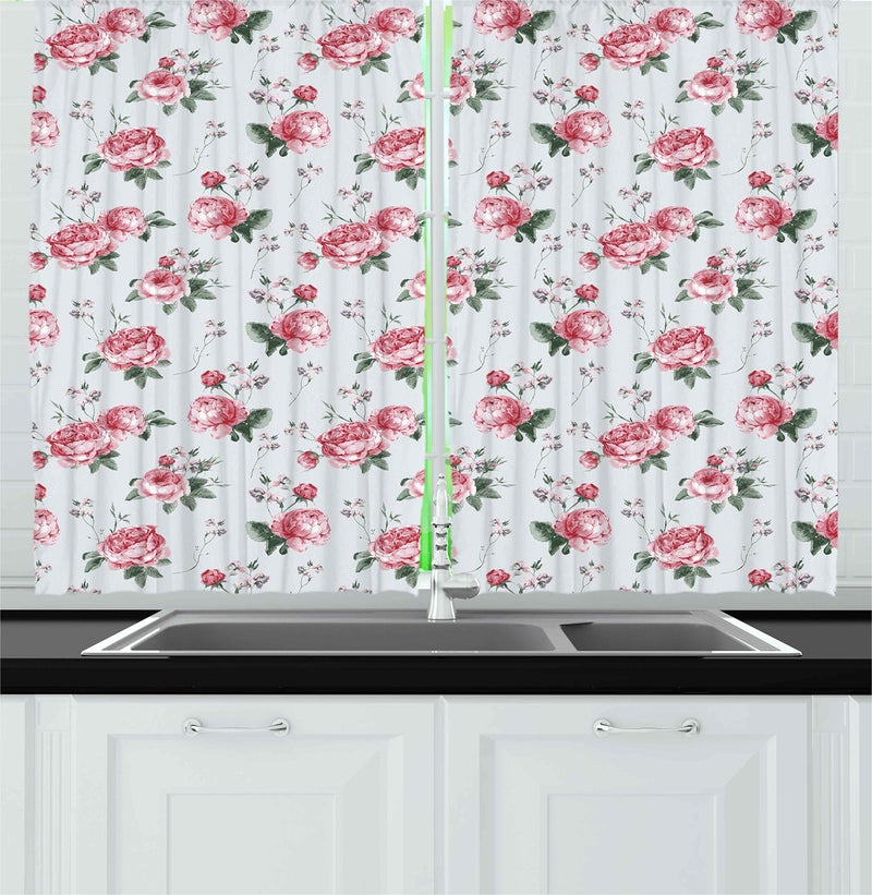 Ambesonne Shabby Flora Kitchen Curtains  Romantic Spring Summer Flowers Garden Roses with Leaves Artwork  Window Drapes 2 Panel Set for Kitchen Cafe Decor  55"" x 39""  Almond Green Pale Pink