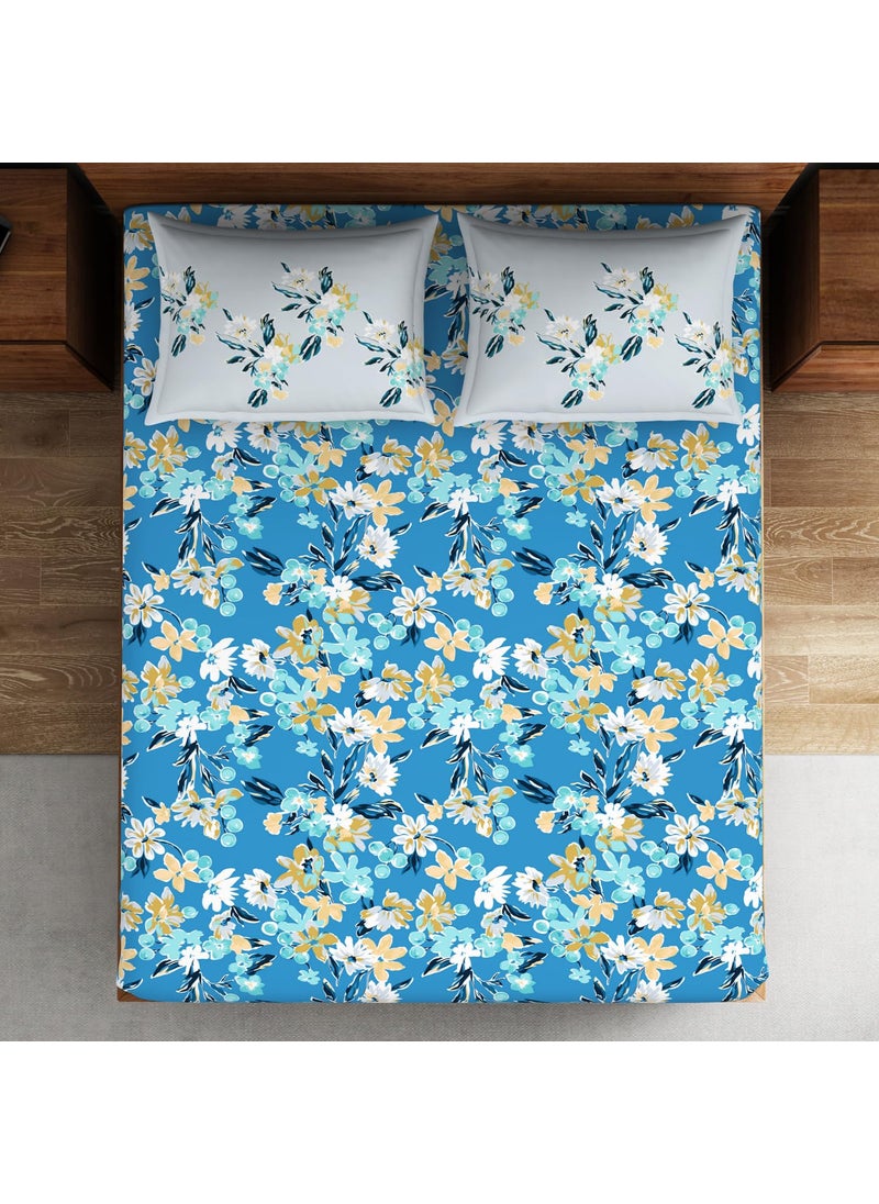 SPACES Spaces 100 Cotton Double Bedsheet 224 Cm X 254 Cm 43 Cm X 68 Cm 132 Tc Percale Floral Bedsheet Pillow Covers Set Azure Blue Boho Florals  - Image 3