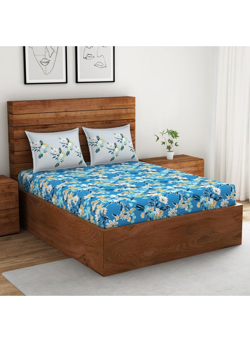 SPACES Spaces 100 Cotton Double Bedsheet 224 Cm X 254 Cm 43 Cm X 68 Cm 132 Tc Percale Floral Bedsheet Pillow Covers Set Azure Blue Boho Florals  - Image 2
