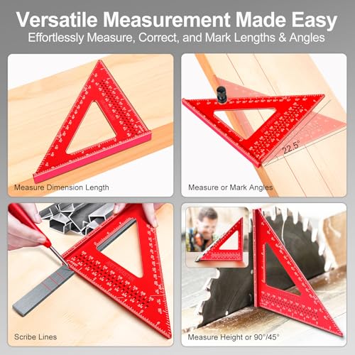 ARTYMASTER 7 inch Carpenter Square, 1/16" Precision Hole Scribing Square Tools, 0-90° Aluminum Alloy Rafter Square, Woodworking Square with Stair Gauge & Carpenter Pencils 12 Refills AM13F - Image 2