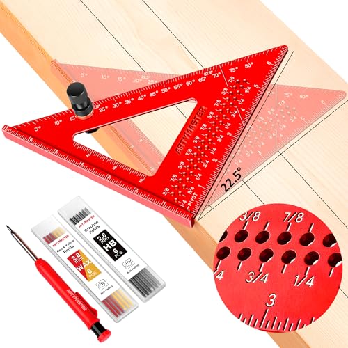 ARTYMASTER 7 inch Carpenter Square, 1/16" Precision Hole Scribing Square Tools, 0-90° Aluminum Alloy Rafter Square, Woodworking Square with Stair Gauge & Carpenter Pencils 12 Refills AM13F - Image 1