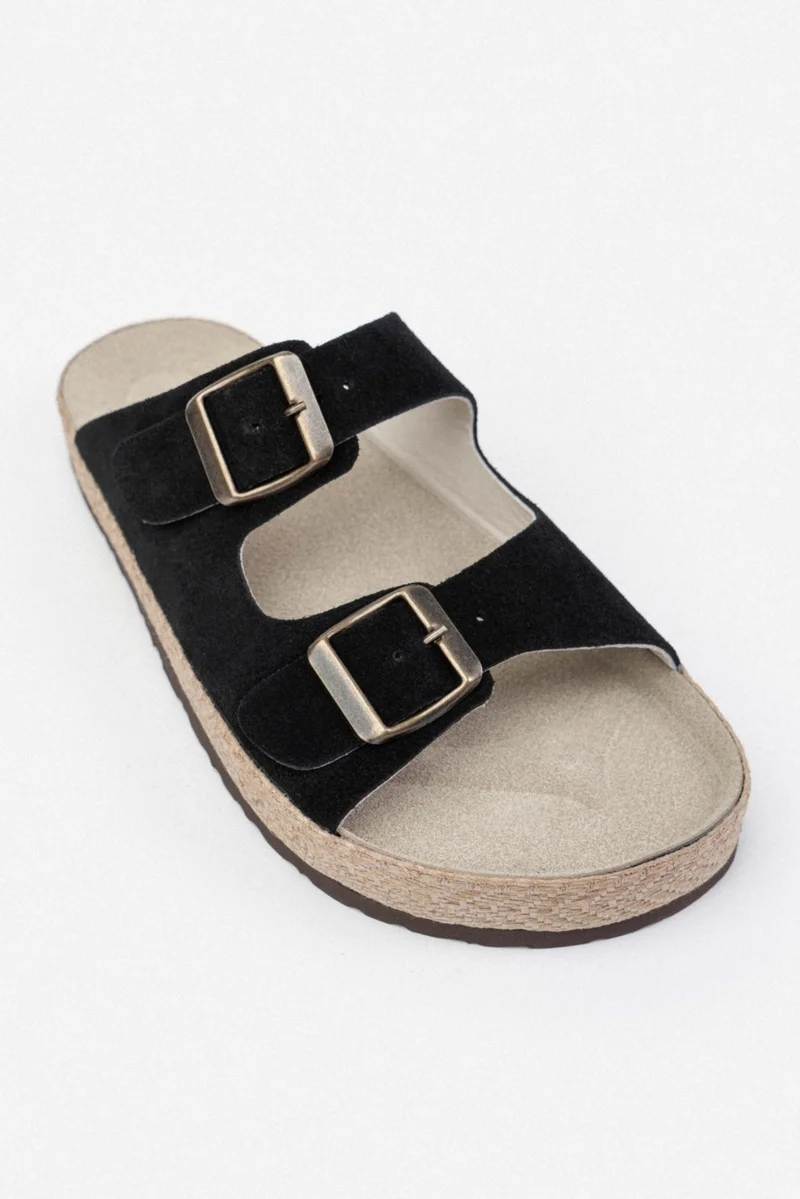 نيشانتاشي شوز Sarrah Black Suede Double Buckle Detailed Flat Sole Women's Slippers