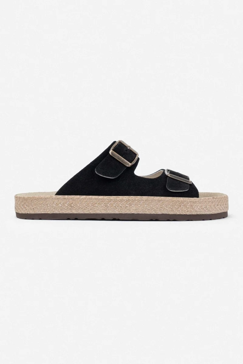 نيشانتاشي شوز Sarrah Black Suede Double Buckle Detailed Flat Sole Women's Slippers
