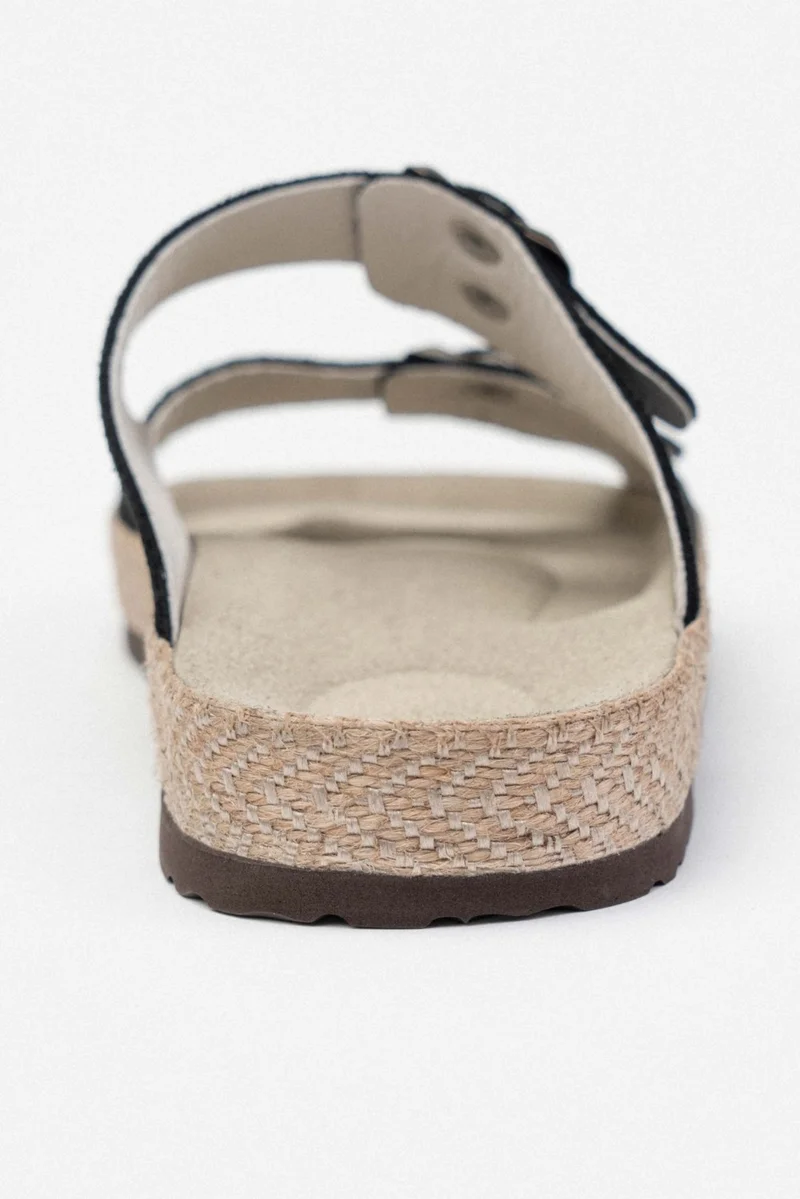 نيشانتاشي شوز Sarrah Black Suede Double Buckle Detailed Flat Sole Women's Slippers