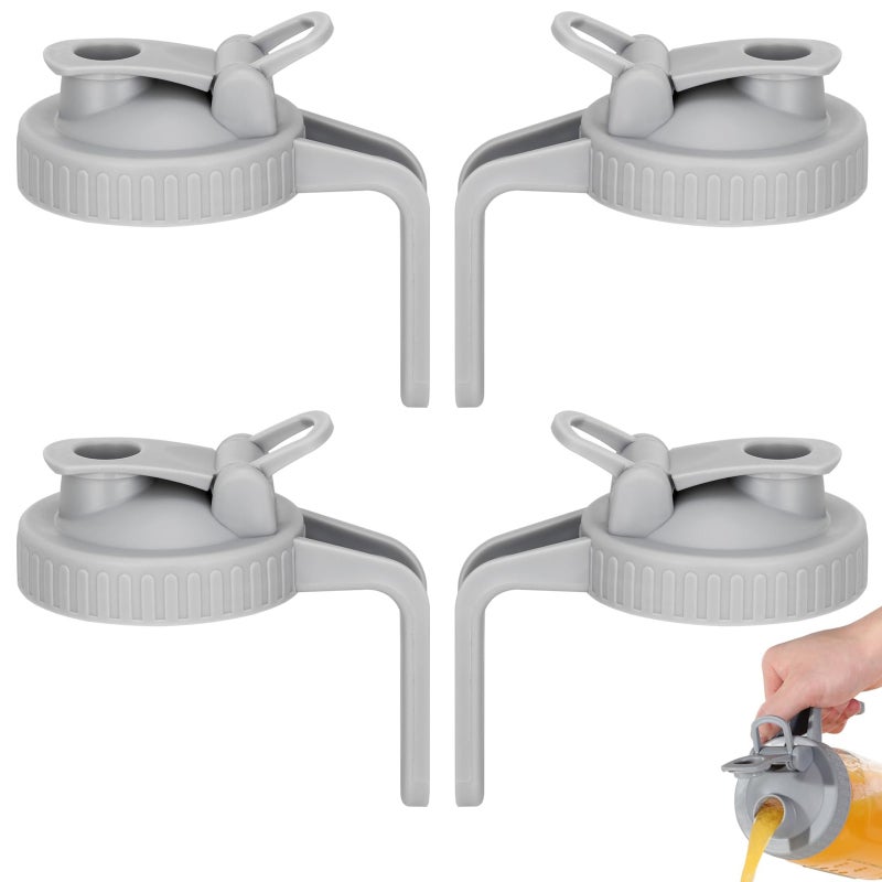 Wide Mouth Mason Jar Pour Spout Lids: 4 Pack Grey, Airtight Leak-Proof Seal, Durable Reinforced Plastic, Ergonomic Handle, Flip Cap - Trendy Pitcher Conversion for Iced Tea, Lemonade, Ice Coffee, Summ - Image 1