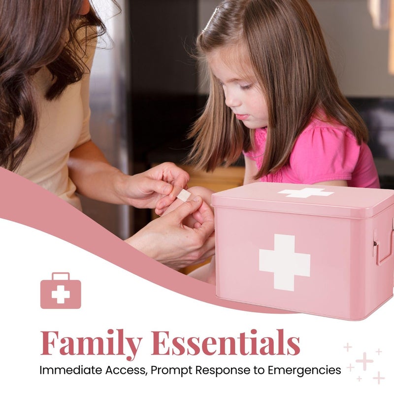 Flexzion First Aid Box Organizer Empty 13" Pink Vintage First Aid Kit Tin Metal Medical Box - First Aid Storage Box Container Bins with Dividers, Removable Tray and White Cross Logo - Image 2
