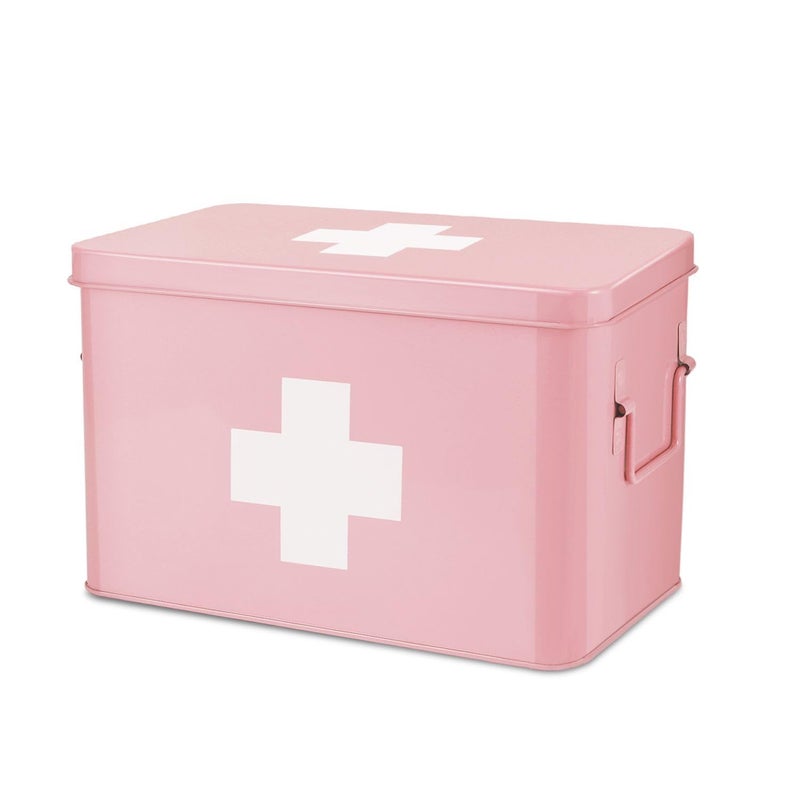 Flexzion First Aid Box Organizer Empty 13" Pink Vintage First Aid Kit Tin Metal Medical Box - First Aid Storage Box Container Bins with Dividers, Removable Tray and White Cross Logo - Image 1