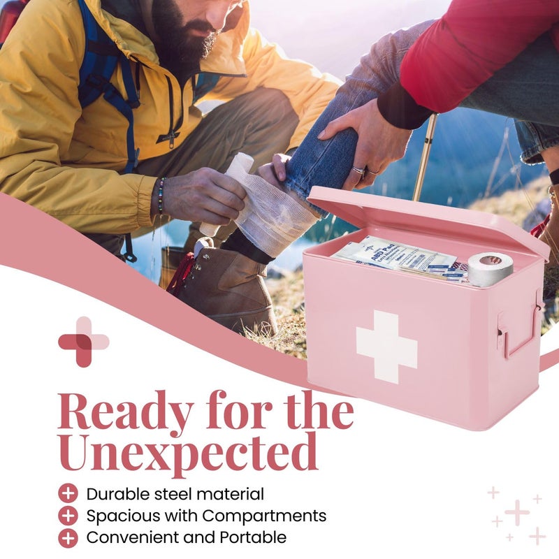 Flexzion First Aid Box Organizer Empty 13" Pink Vintage First Aid Kit Tin Metal Medical Box - First Aid Storage Box Container Bins with Dividers, Removable Tray and White Cross Logo - Image 4