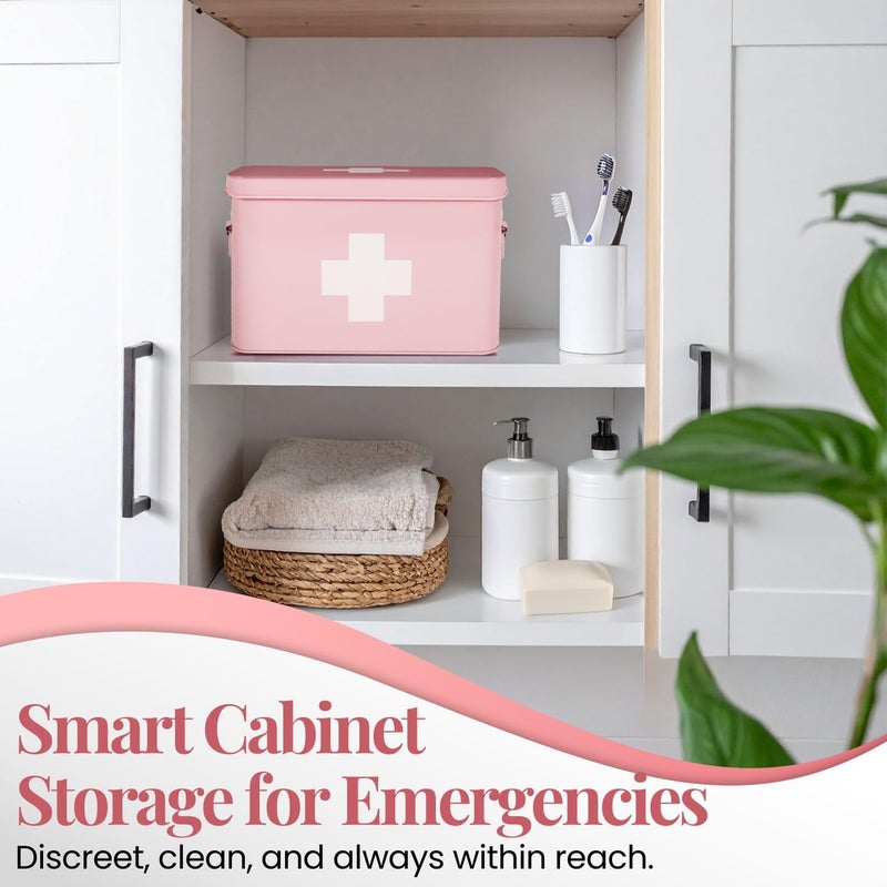 Flexzion First Aid Box Organizer Empty 13" Pink Vintage First Aid Kit Tin Metal Medical Box - First Aid Storage Box Container Bins with Dividers, Removable Tray and White Cross Logo - Image 3